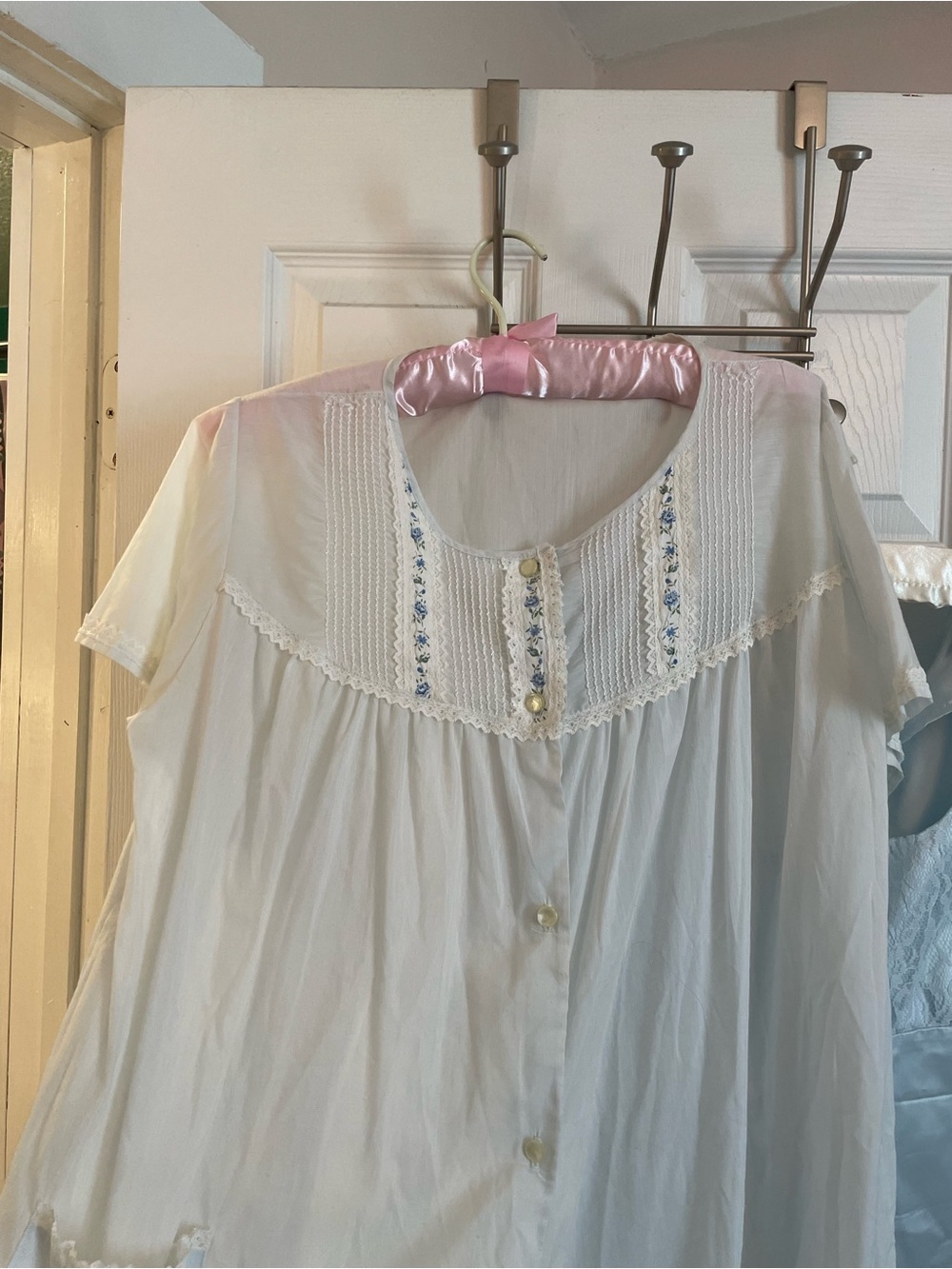 Gaymode Pale Blue Cotton House Dress with Blue Floral Embroidery Button Front L